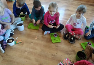 Dzieci sadzą cebulki w doniczkach